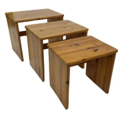 Tables d'appoint gigognes en bois de pin vintage, ensemble de 3