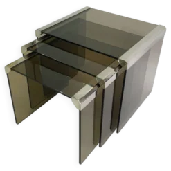 Tables d'appoint gigognes en verre fumé T35 'Tris' de Gallotti & Radice Chrome