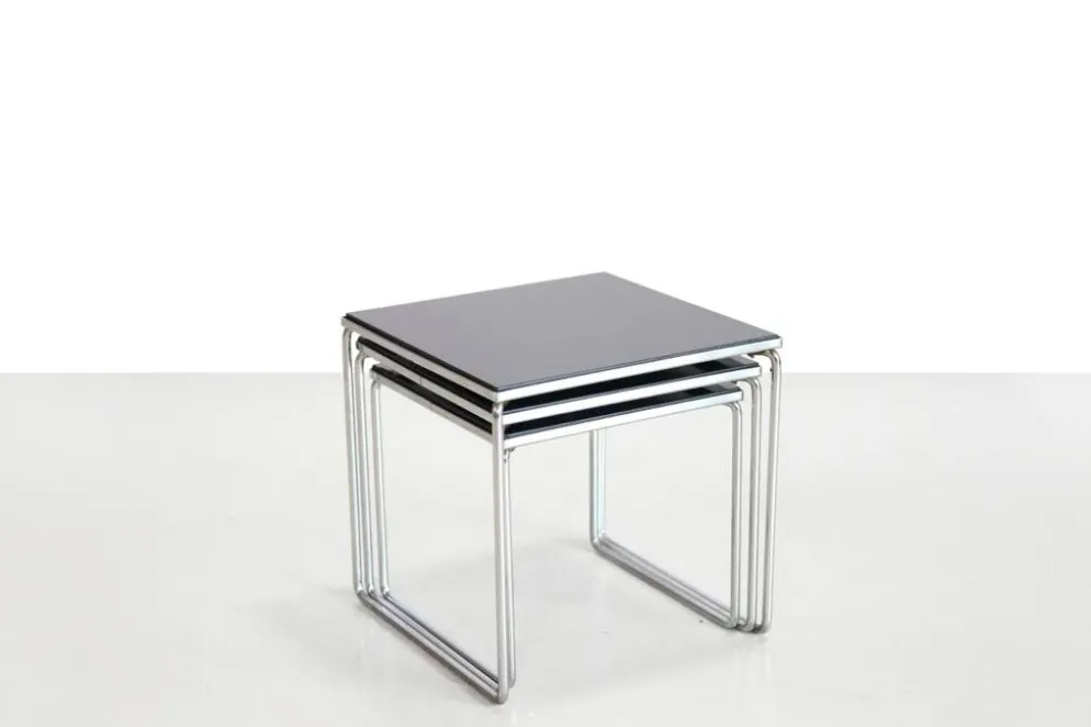 Tables d'appoint vintage en chrome et verre noir par Brabantia des années 1960