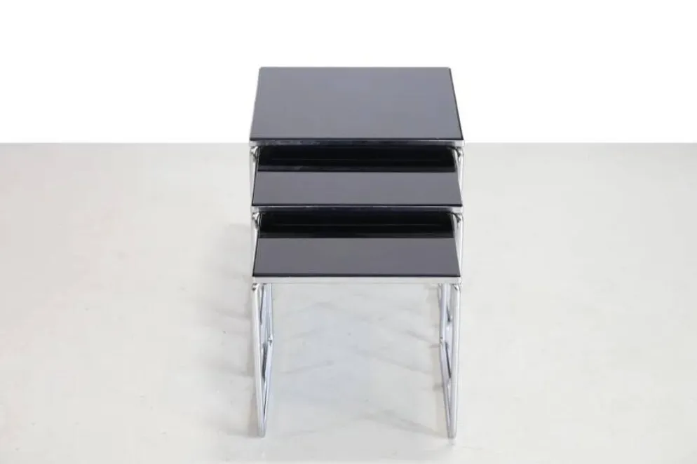 Tables d'appoint vintage en chrome et verre noir par Brabantia des années 1960