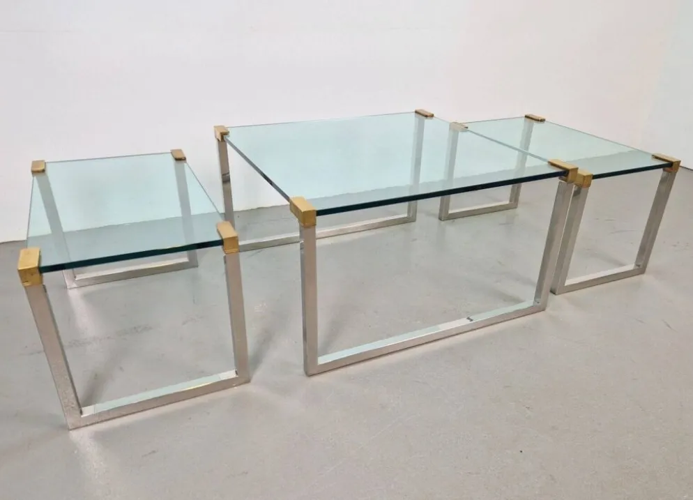 Tables de café et d'appoint T53 en laiton et verre par Peter Ghyczy, années 1970, ensemble de 3.