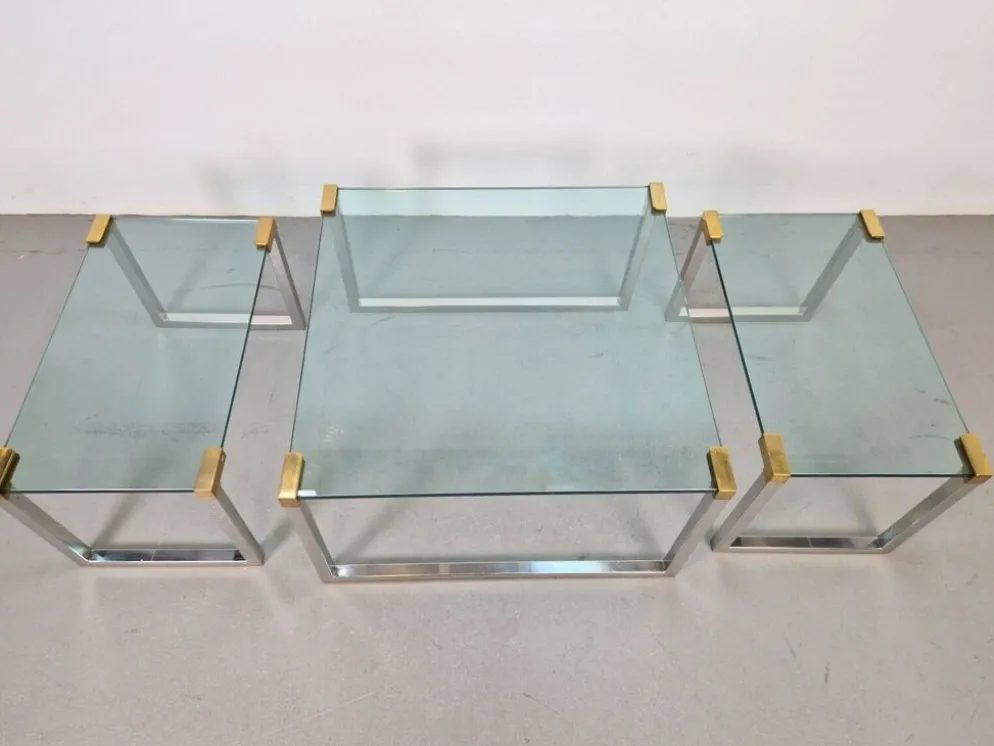 Tables de café et d'appoint T53 en laiton et verre par Peter Ghyczy, années 1970, ensemble de 3.