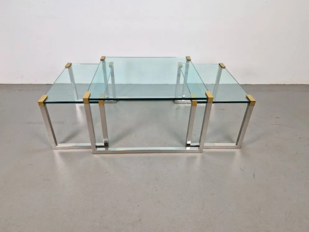 Tables de café et d'appoint T53 en laiton et verre par Peter Ghyczy, années 1970, ensemble de 3.