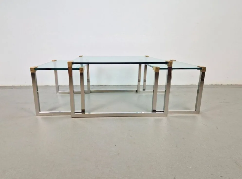 Tables de café et d'appoint T53 en laiton et verre par Peter Ghyczy, années 1970, ensemble de 3.