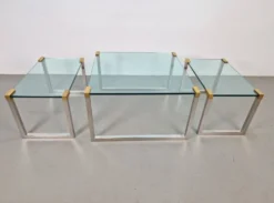 Tables de café et d'appoint T53 en laiton et verre par Peter Ghyczy, années 1970, ensemble de 3.
