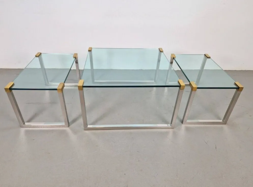 Tables de café et d'appoint T53 en laiton et verre par Peter Ghyczy, années 1970, ensemble de 3.