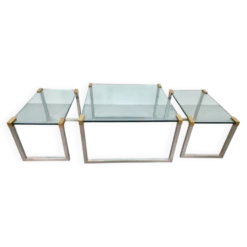 Tables de café et d'appoint T53 en laiton et verre par Peter Ghyczy, années 1970, ensemble de 3.