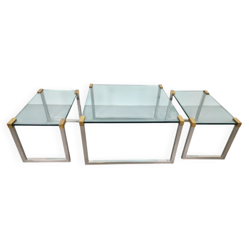Tables de café et d'appoint T53 en laiton et verre par Peter Ghyczy, années 1970, ensemble de 3.