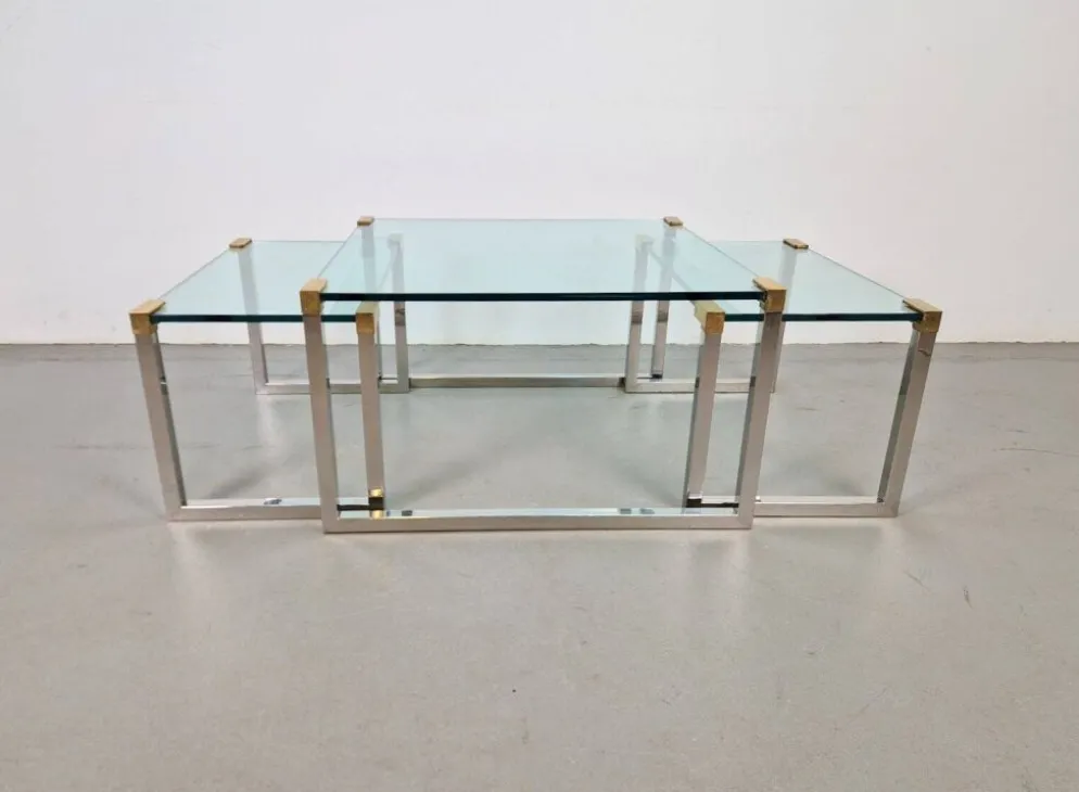 Tables de café et d'appoint T53 en laiton et verre par Peter Ghyczy, années 1970, ensemble de 3.