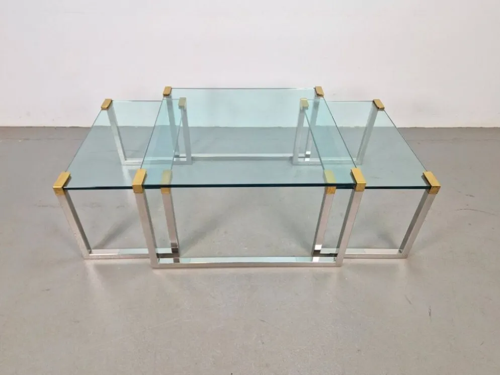 Tables de café et d'appoint T53 en laiton et verre par Peter Ghyczy, années 1970, ensemble de 3.