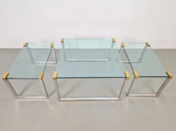 Tables de café et d'appoint T53 en laiton et verre par Peter Ghyczy, années 1970, ensemble de 3.