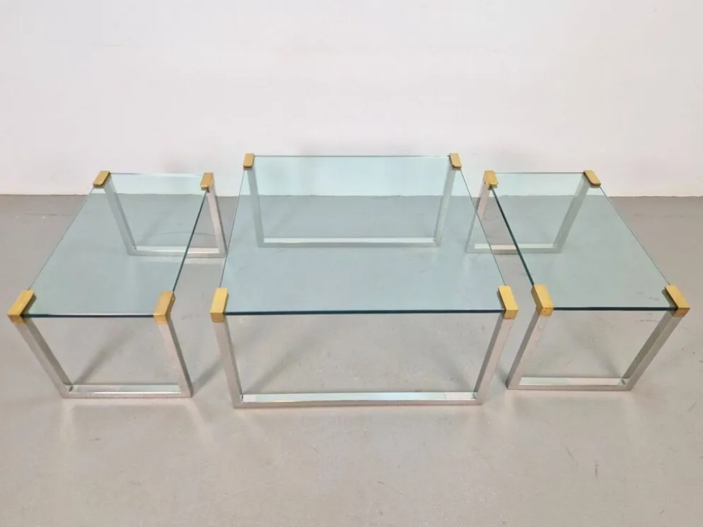 Tables de café et d'appoint T53 en laiton et verre par Peter Ghyczy, années 1970, ensemble de 3.
