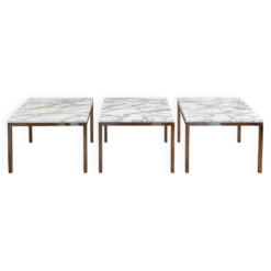 3 tables Florence Knoll – marbre blanc type Calacatta & acier chromé