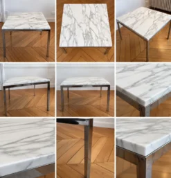 3 tables Florence Knoll – marbre blanc type Calacatta & acier chromé