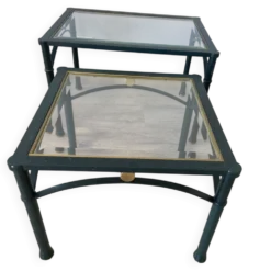 2 tables gigogne années 60 en métal et verre biseauté