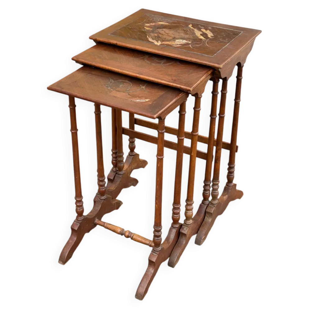 3 tables gigognes art nouveau bois massif et marqueterie 19ème
