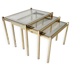 tables gigognes basse en métal doré et miroir années vintage 1970 design