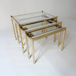 tables gigognes basse en métal doré et miroir années vintage 1970 design
