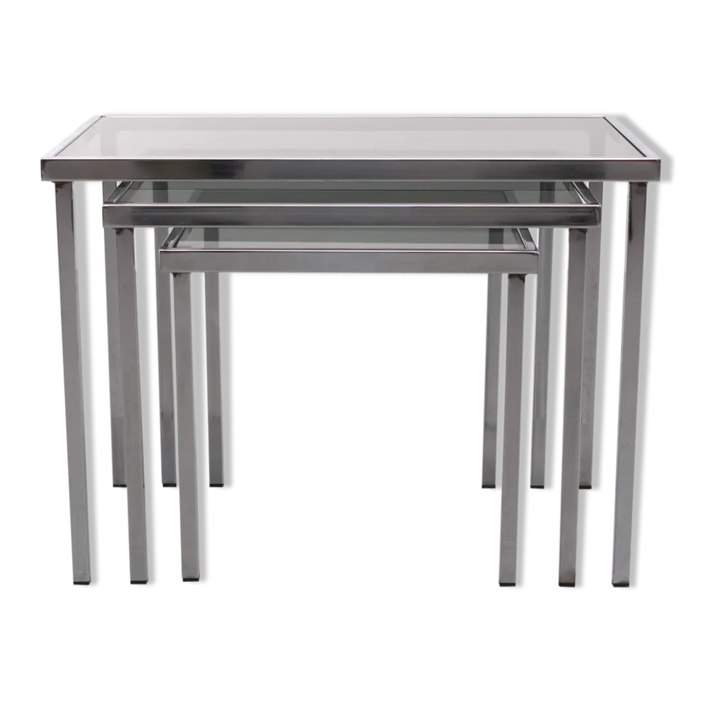 Tables gigognes cadre chromé verre fumé années 1970
