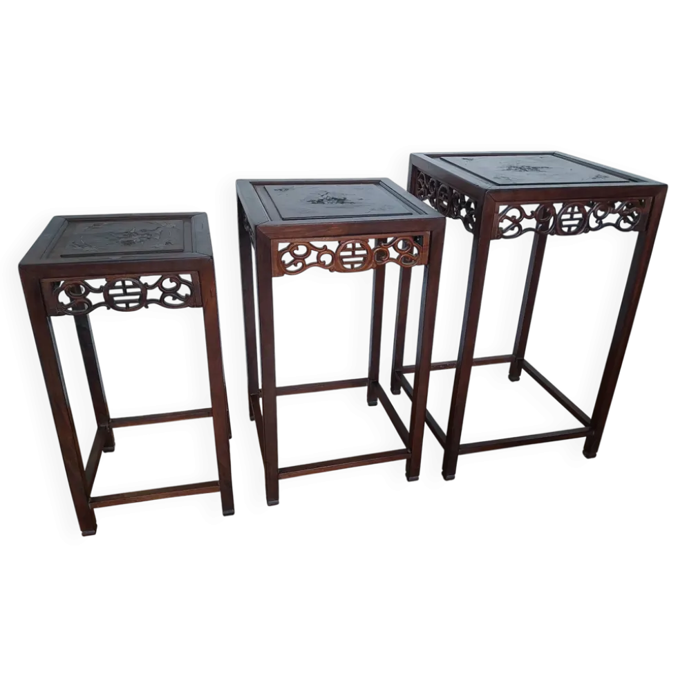 3 tables gigognes chinoises en bois et laiton