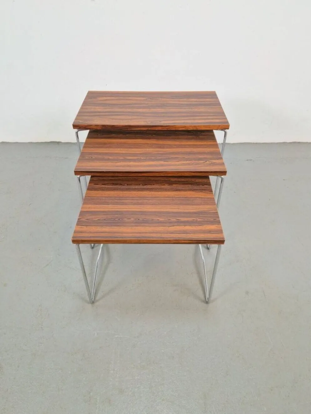 Tables gigognes en chrome et bois de Brabantia, années 1970, ensemble de 3