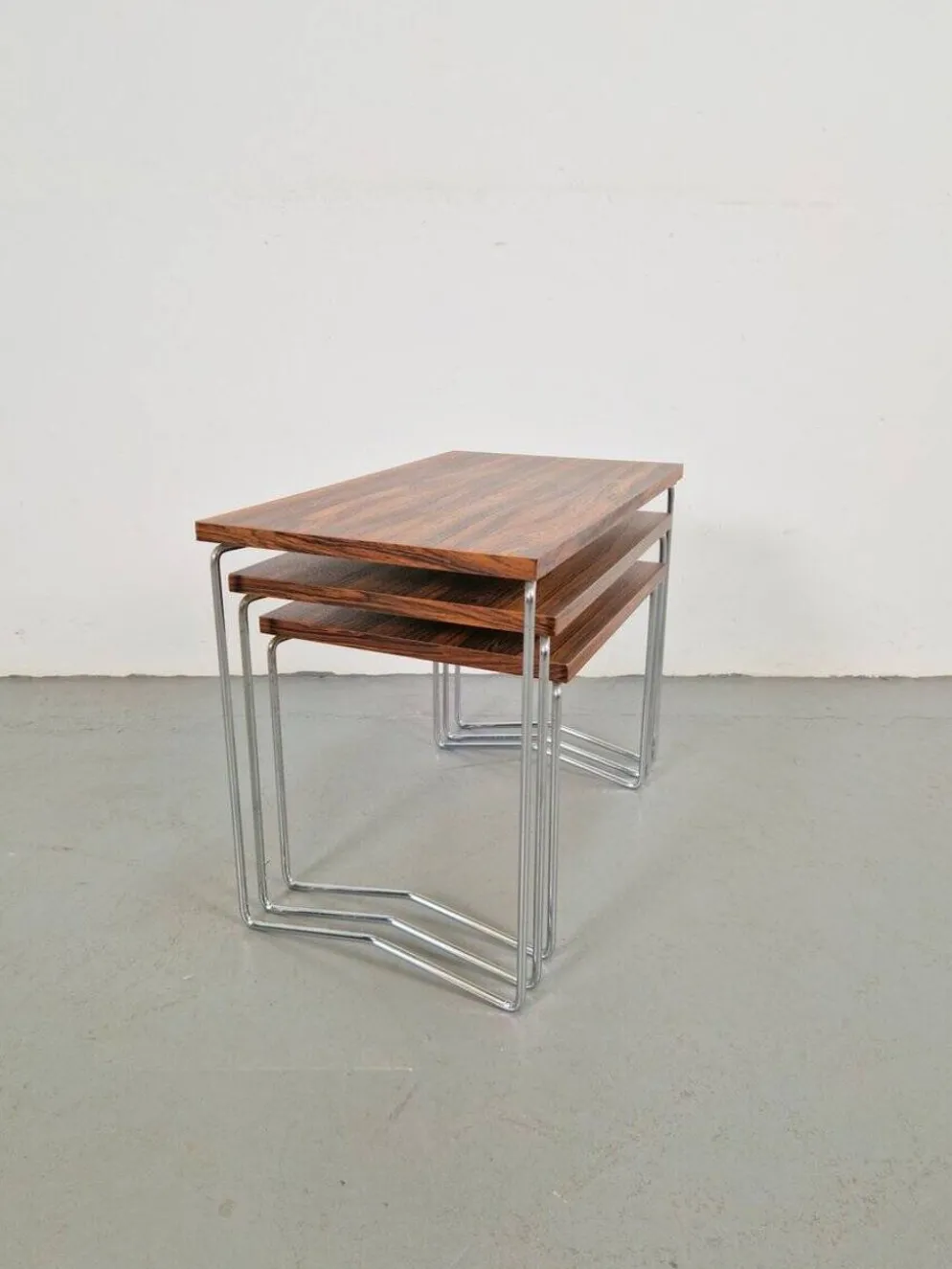 Tables gigognes en chrome et bois de Brabantia, années 1970, ensemble de 3