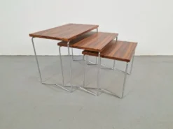 Tables gigognes en chrome et bois de Brabantia, années 1970, ensemble de 3