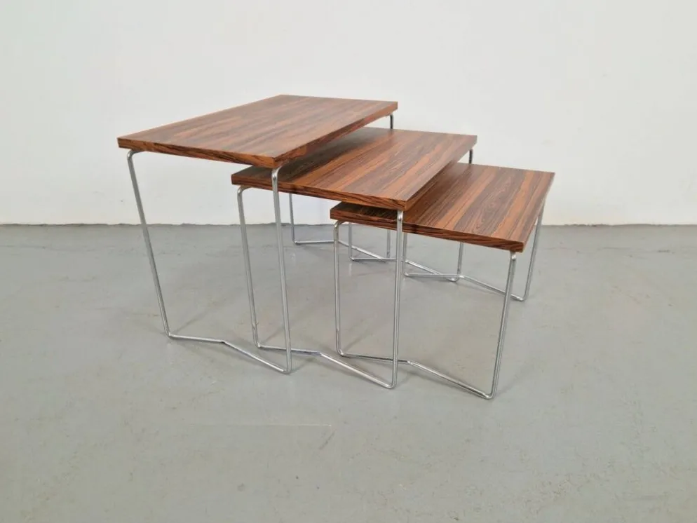 Tables gigognes en chrome et bois de Brabantia, années 1970, ensemble de 3