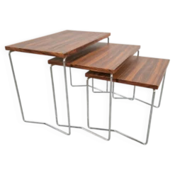Tables gigognes en chrome et bois de Brabantia, années 1970, ensemble de 3