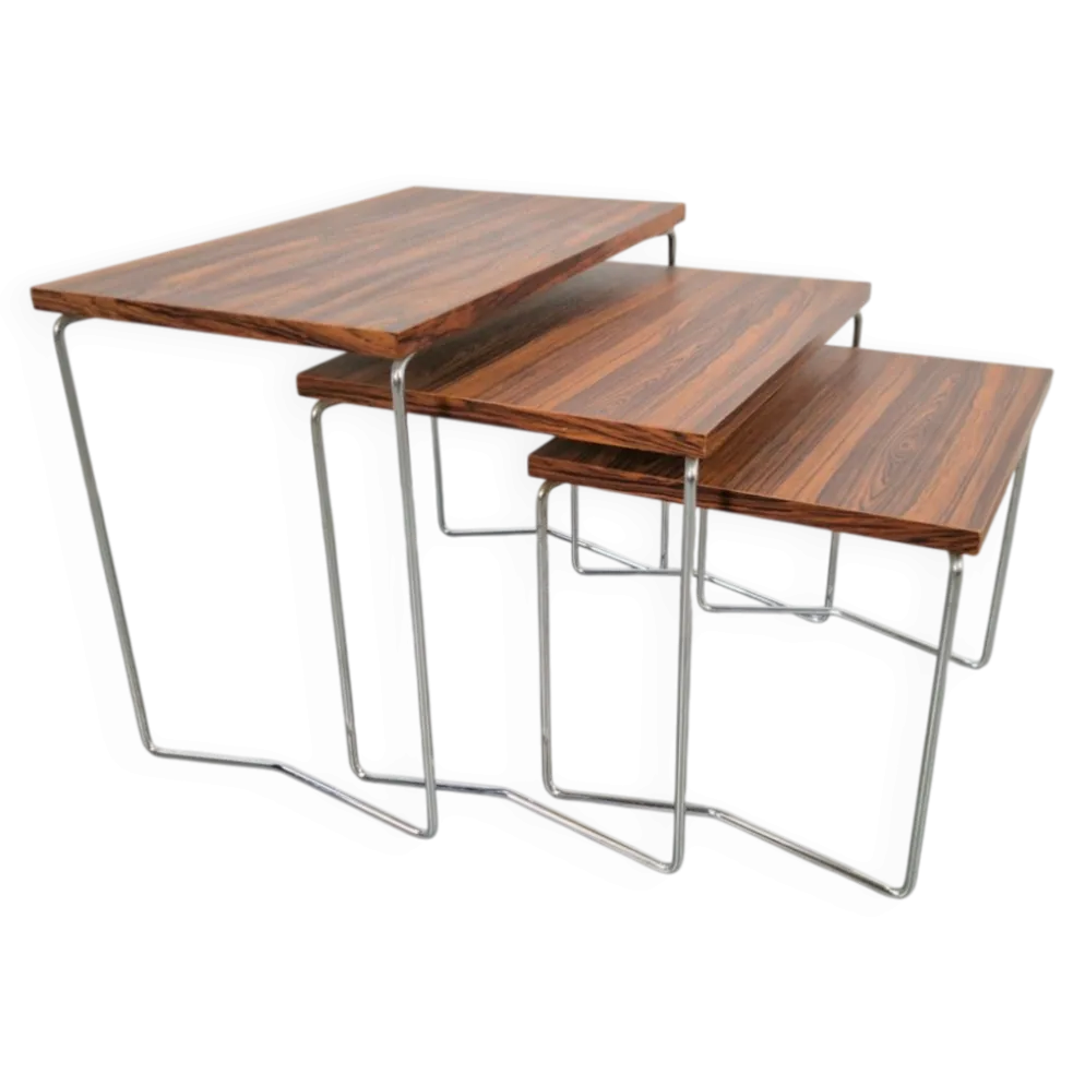 Tables gigognes en chrome et bois de Brabantia, années 1970, ensemble de 3