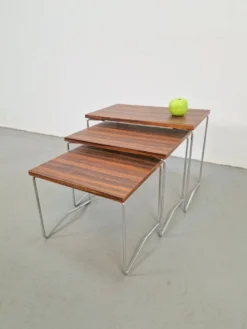Tables gigognes en chrome et bois de Brabantia, années 1970, ensemble de 3
