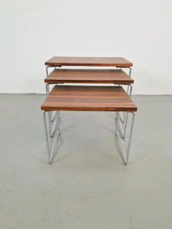 Tables gigognes en chrome et bois de Brabantia, années 1970, ensemble de 3