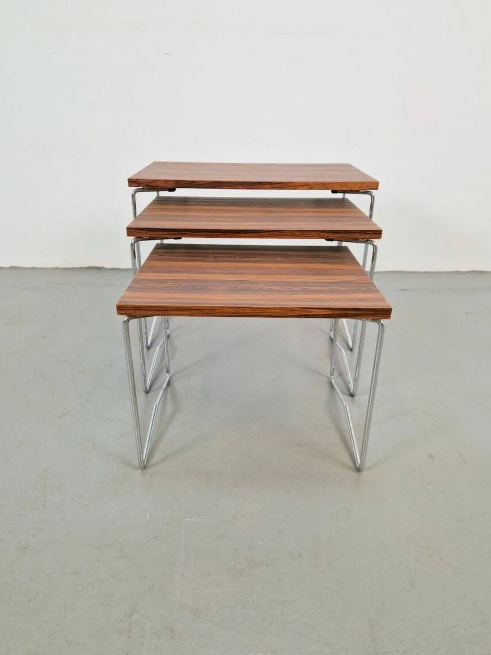 Tables gigognes en chrome et bois de Brabantia, années 1970, ensemble de 3