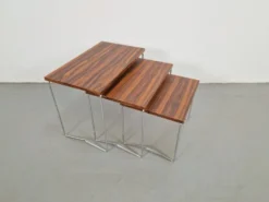 Tables gigognes en chrome et bois de Brabantia, années 1970, ensemble de 3