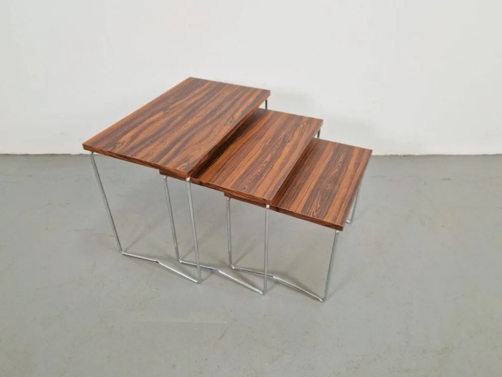 Tables gigognes en chrome et bois de Brabantia, années 1970, ensemble de 3
