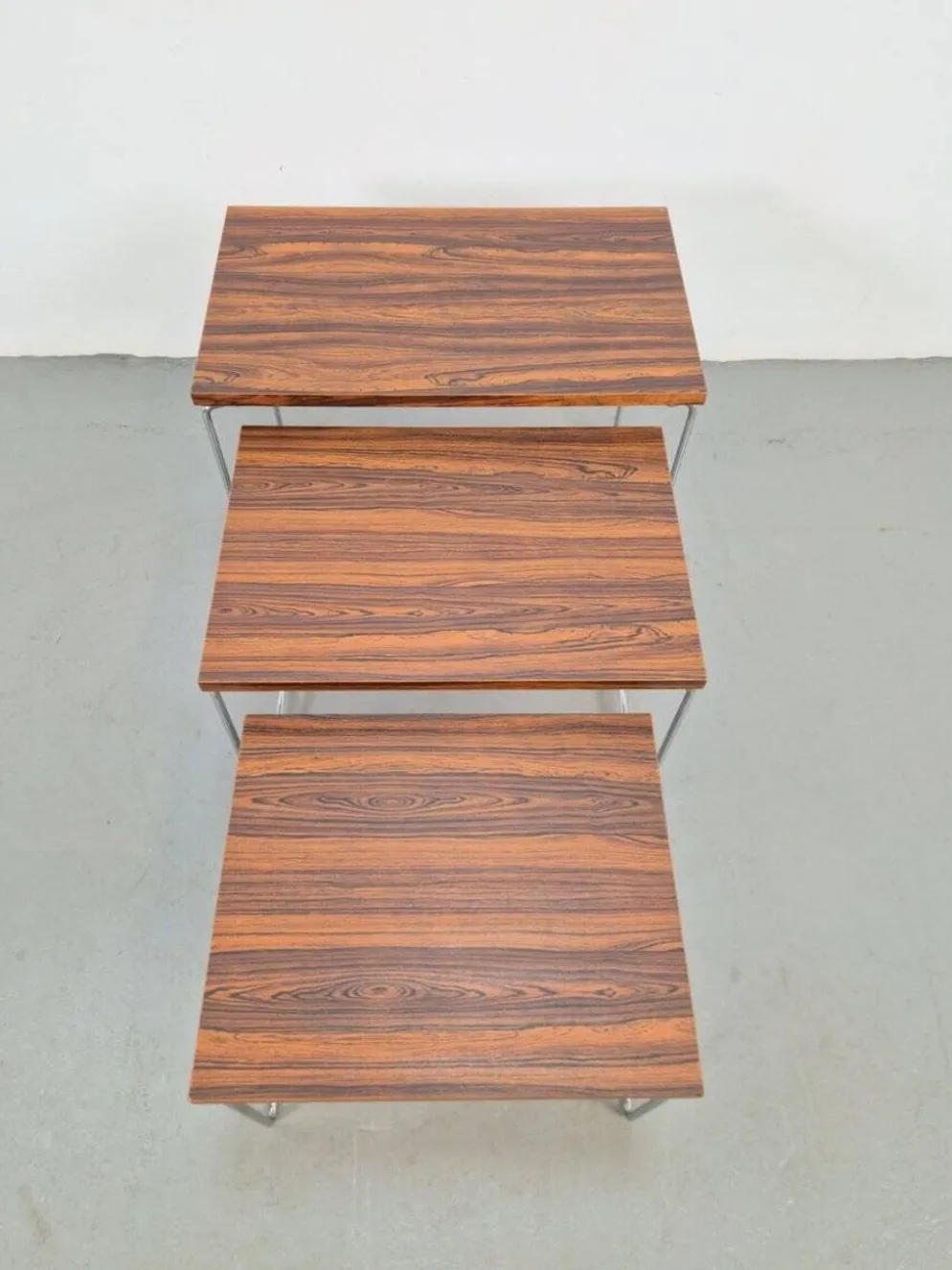 Tables gigognes en chrome et bois de Brabantia, années 1970, ensemble de 3