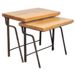 Tables gigognes en fonte brut et chêne, années 1970, ensemble de 2