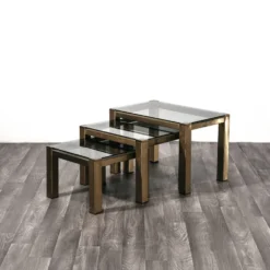 3 tables gigognes en laiton et verre fumé style Hollywood Regency, années 1970