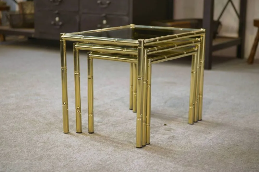 Tables gigognes en laiton imitation bambou 1980’s