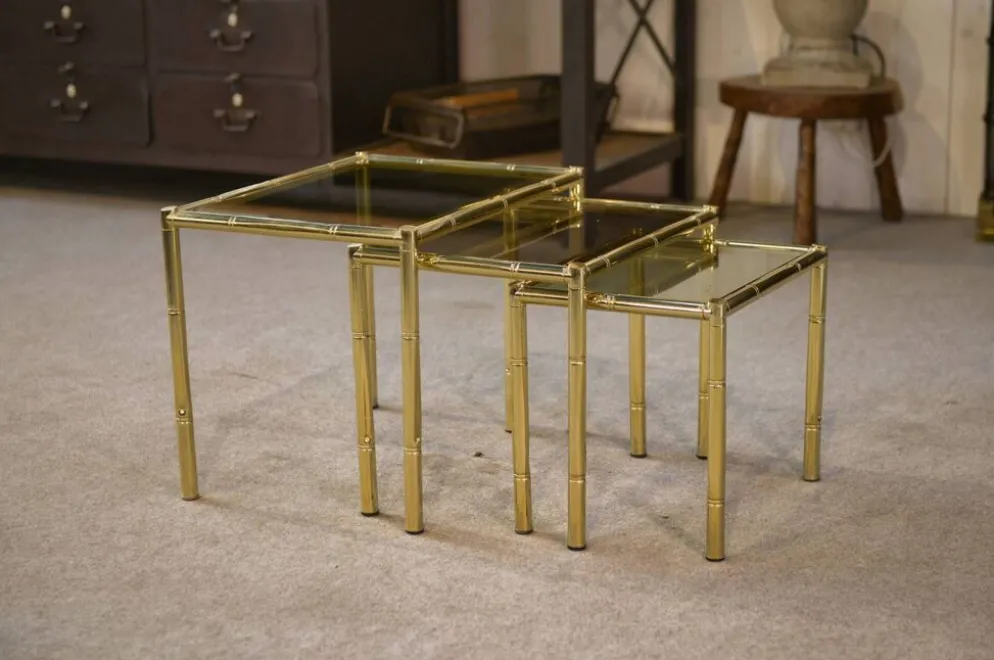 Tables gigognes en laiton imitation bambou 1980’s