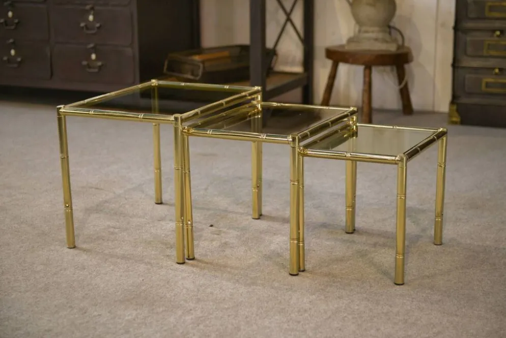 Tables gigognes en laiton imitation bambou 1980’s