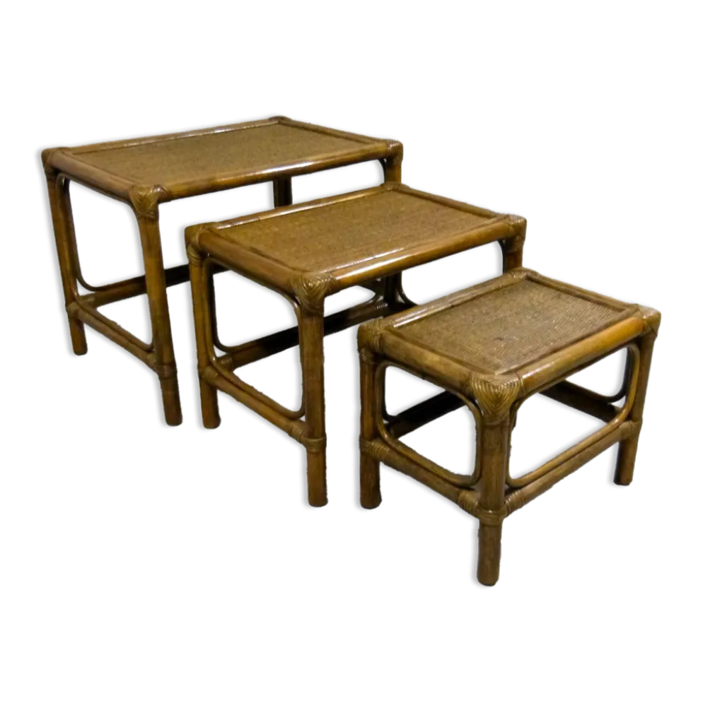 Tables gigognes en rotin, années 1970