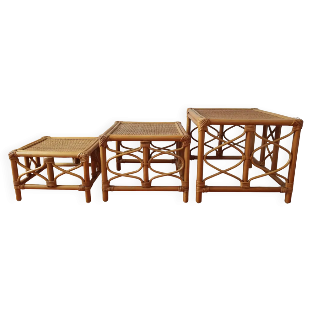Tables gigognes en rotin et cannage – Esprit Riviera – Vers 1970/80