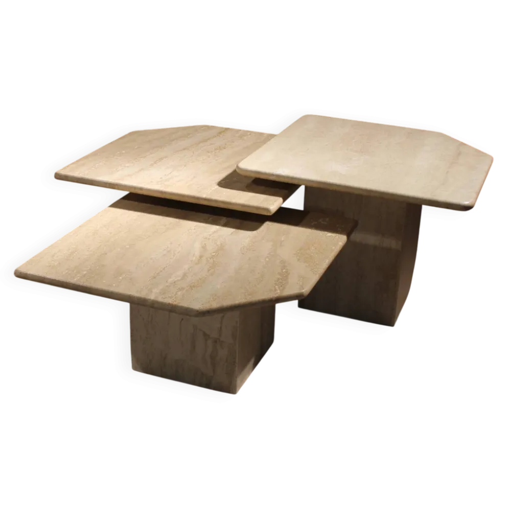 3 tables gigognes en travertin, Italie années 1970