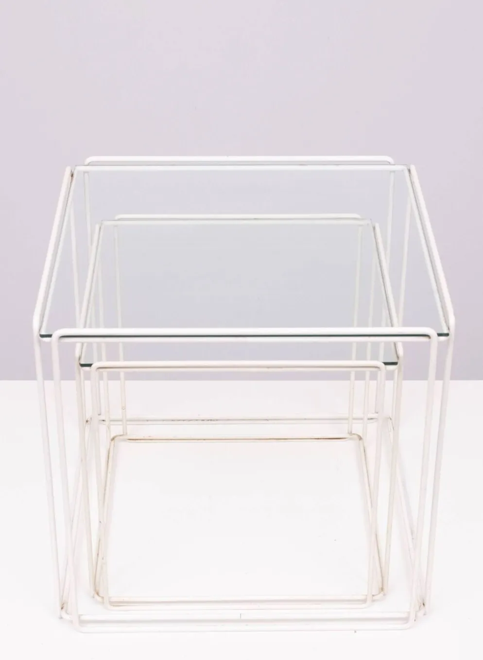 Tables gigognes en verre blanc et transparent Isocele Max Sauze pour le studio Max Sauze