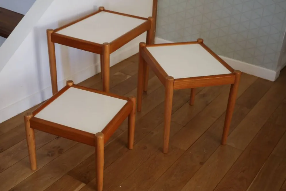 3 tables gigognes hêtre mélaminé blanc