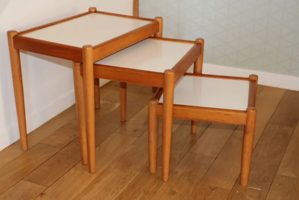 3 tables gigognes hêtre mélaminé blanc