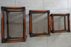 3 tables gigognes vintage en bambou et verre fumé, 1960