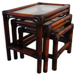 3 tables gigognes vintage en bambou et verre fumé, 1960