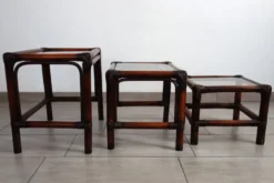 3 tables gigognes vintage en bambou et verre fumé, 1960